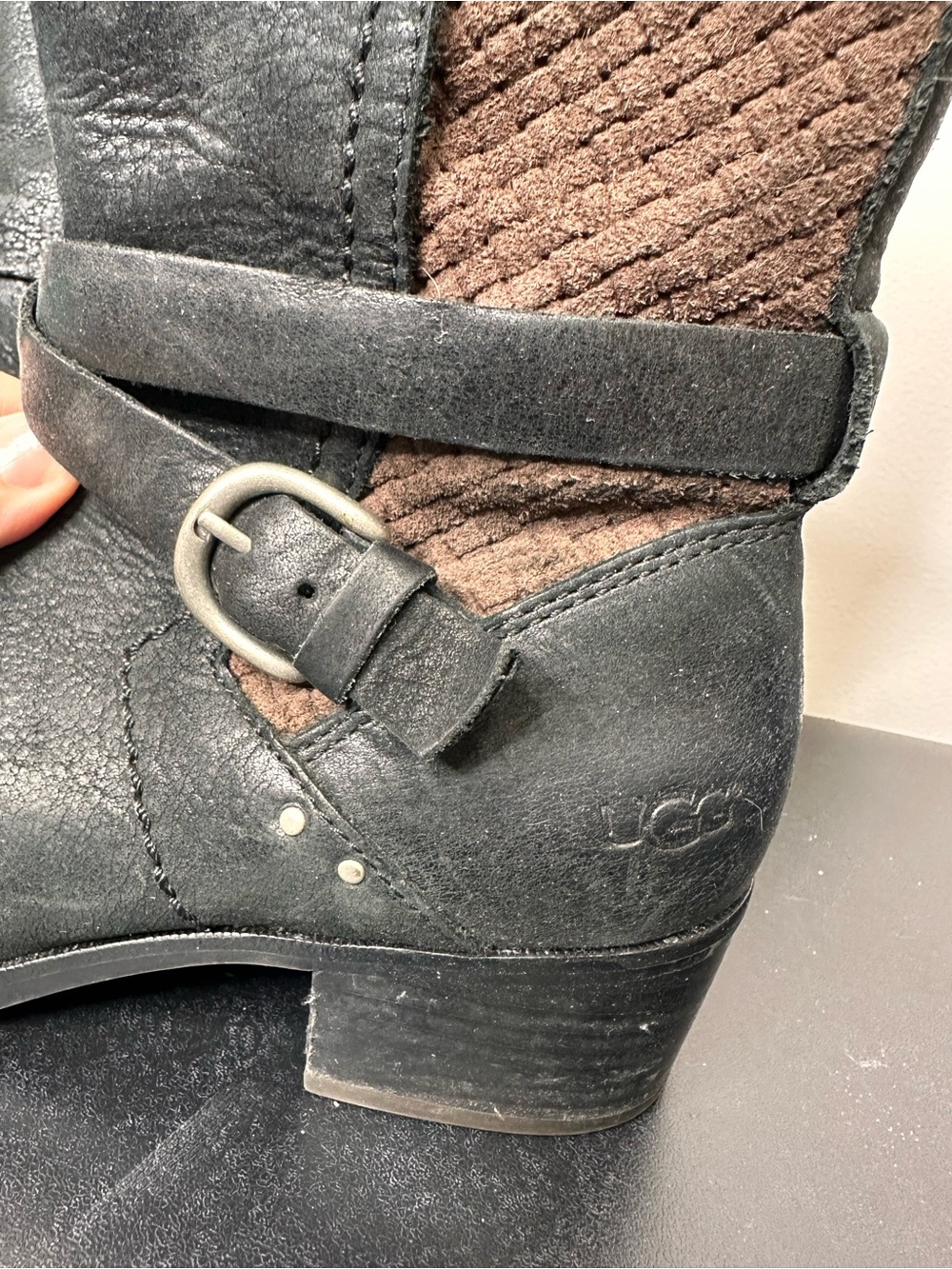 UGG Women's Black and Brown Mid-Calf Leather Boot with Buckle Strap size 8 - Picture 2 of 11